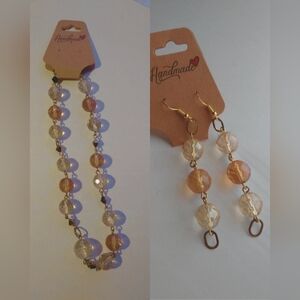 Brand New Golden Pink Short Necklace Earrings